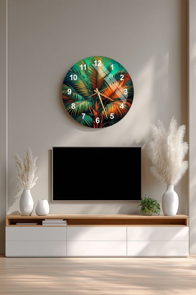 KIRILMAZ CAM DUVAR SAATİ, HEM TABLO HEM SAAT YEŞİL TURUNCU PALMİYE YAPRAK DESEN EV OFİS HEDİYESİ