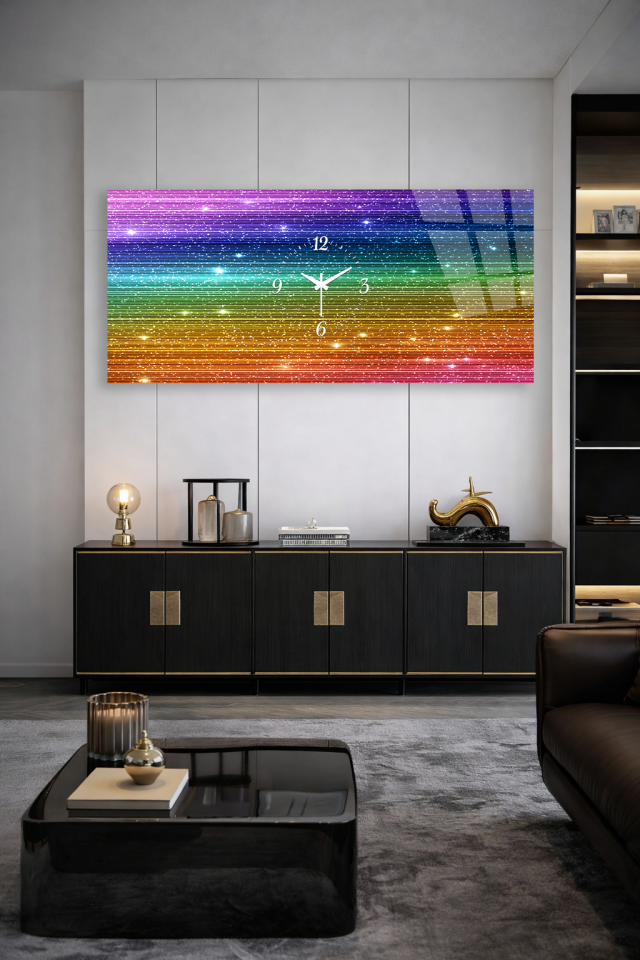 KIRILMAZ CAM DUVAR SAATİ , HEM TABLO HEM SAAT GÖKKUŞAĞI RENKLİ MODERN TASARIM EV OFİS HEDİYESİ