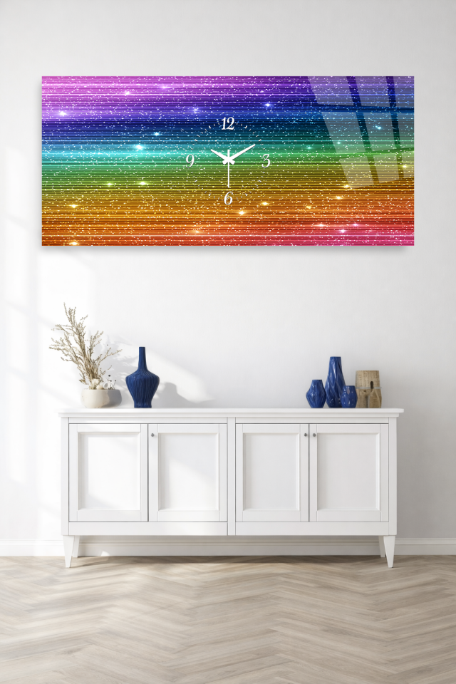 KIRILMAZ CAM DUVAR SAATİ , HEM TABLO HEM SAAT GÖKKUŞAĞI RENKLİ MODERN TASARIM EV OFİS HEDİYESİ