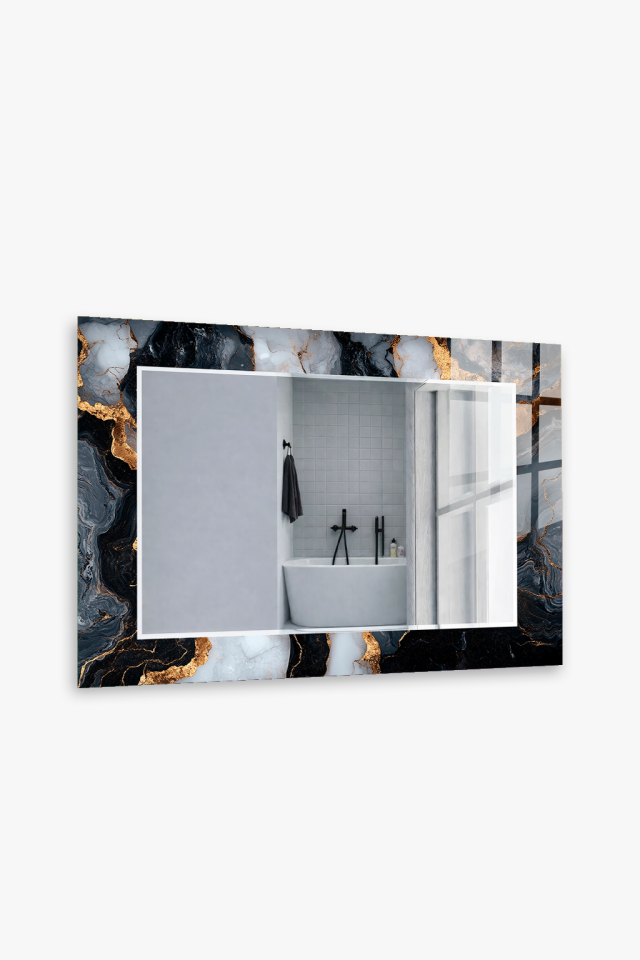 HEM TABLO HEM AYNA SİYAH BEYAZ MERMER ALTIN DAMAR CAM DUVAR AYNASI EV DEKORU