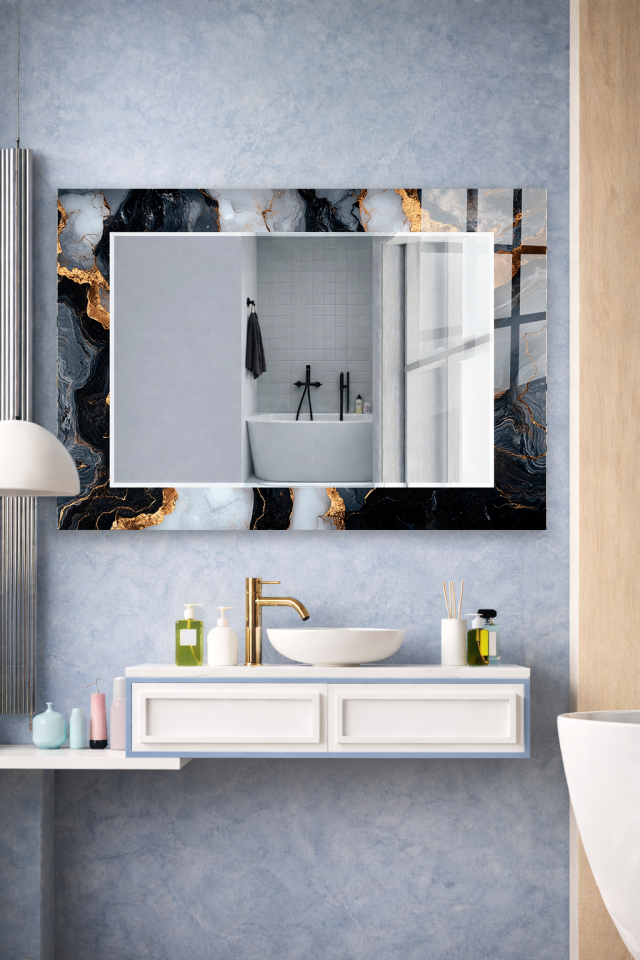 HEM TABLO HEM AYNA SİYAH BEYAZ MERMER ALTIN DAMAR CAM DUVAR AYNASI EV DEKORU