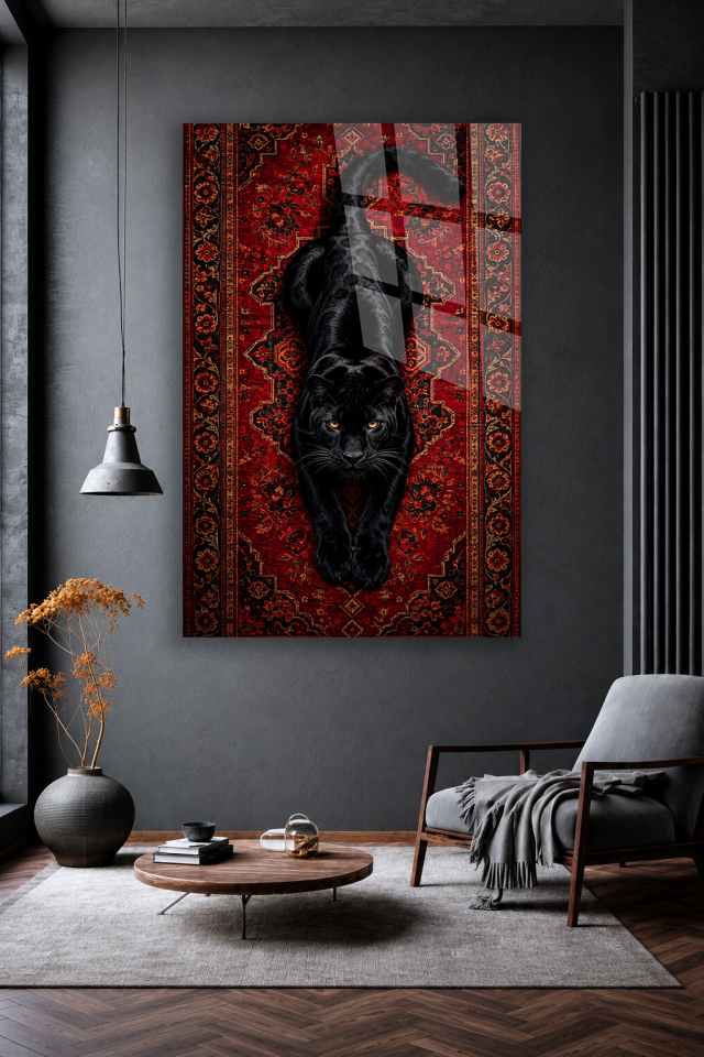 SİYAH PANTER FİGÜRLÜ KIRMIZI DESENLİ DEKORATİF CAM TABLO EV OFİS HEDİYESİ