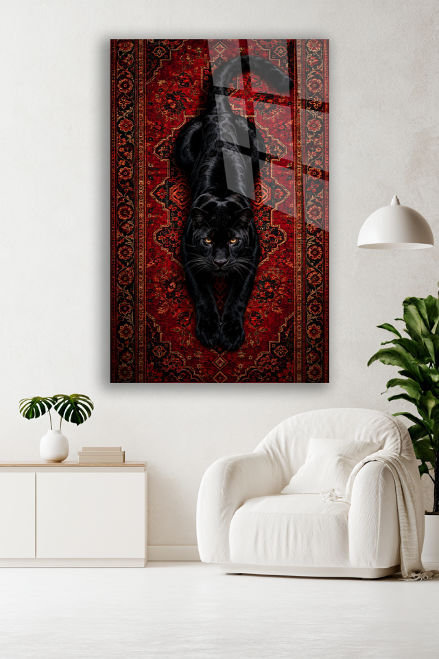 SİYAH PANTER FİGÜRLÜ KIRMIZI DESENLİ DEKORATİF CAM TABLO EV OFİS HEDİYESİ