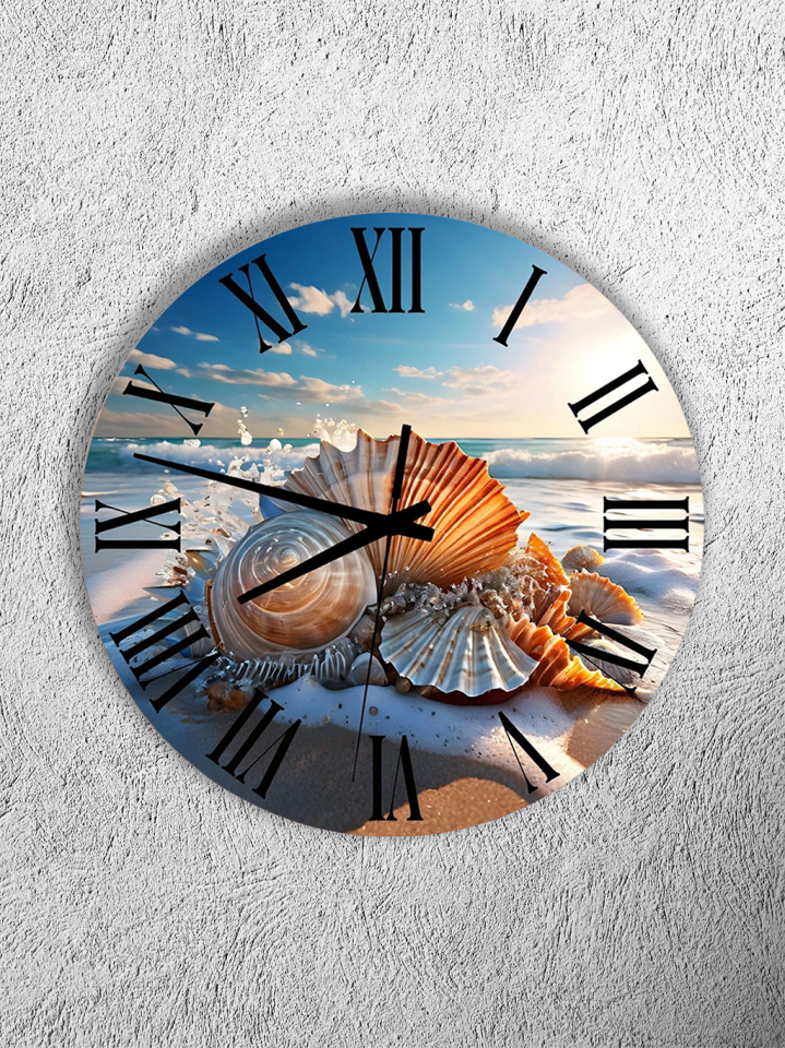 KIRILMAZ CAM DUVAR SAATİ, HEM TABLO HEM SAAT DENİZ KABUĞU SAHİL MANZARASI EV OFİS HEDİYESİ