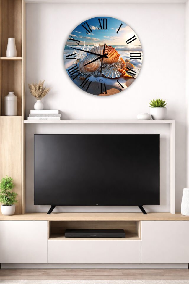 KIRILMAZ CAM DUVAR SAATİ, HEM TABLO HEM SAAT DENİZ KABUĞU SAHİL MANZARASI EV OFİS HEDİYESİ
