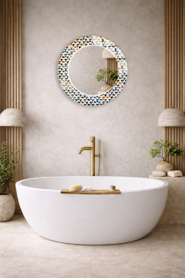 HEM TABLO HEM AYNA GEOMETRİK YILDIZ MOZAİK DESENLİ DEKORATİF CAM DUVAR AYNASI BANYO VE EV DEKORU