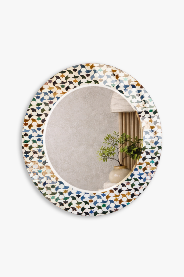 HEM TABLO HEM AYNA GEOMETRİK YILDIZ MOZAİK DESENLİ DEKORATİF CAM DUVAR AYNASI BANYO VE EV DEKORU