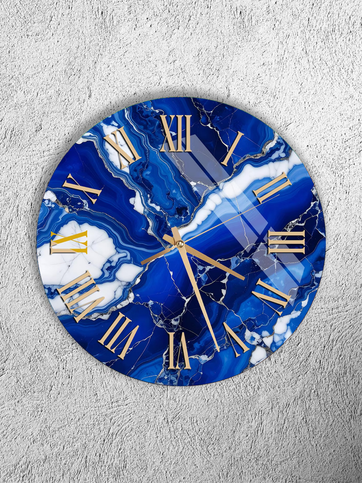 KIRILMAZ CAM DUVAR SAATİ, HEM TABLO HEM SAAT MAVİ BEYAZ MERMER ALTIN ROMEN RAKAM EV OFİS HEDİYESİ
