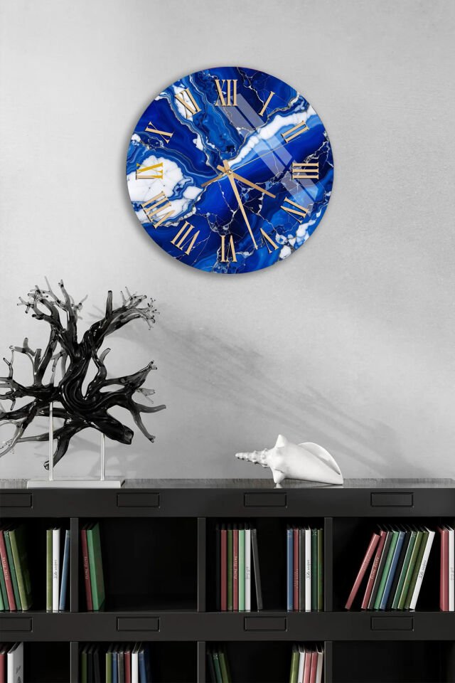 KIRILMAZ CAM DUVAR SAATİ, HEM TABLO HEM SAAT MAVİ BEYAZ MERMER ALTIN ROMEN RAKAM EV OFİS HEDİYESİ