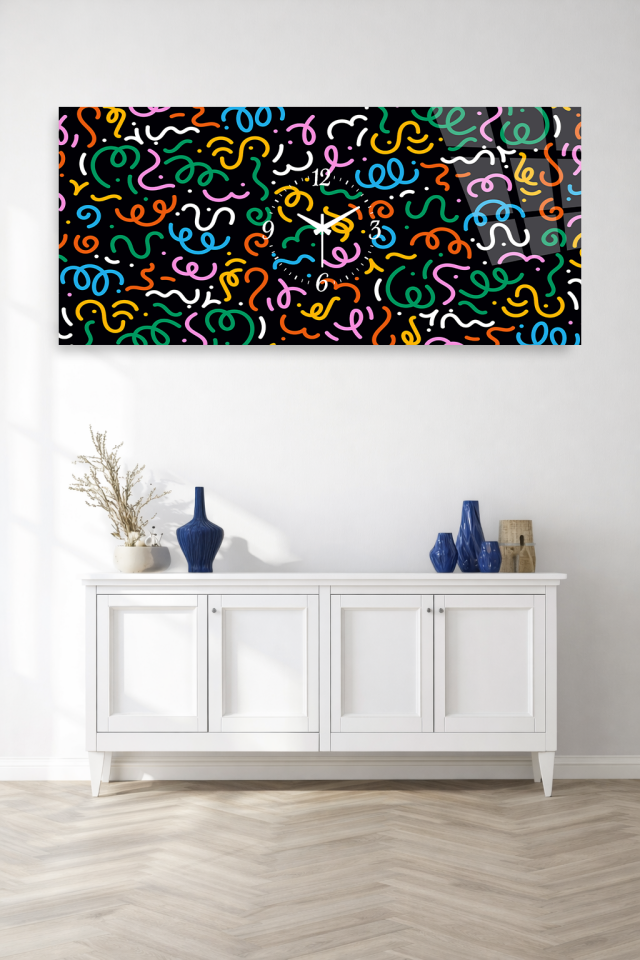 KIRILMAZ CAM DUVAR SAATİ , HEM TABLO HEM SAAT RENKLİ ÇİZGİ DESENLİ MODERN POP ART EV OFİS HEDİYESİ