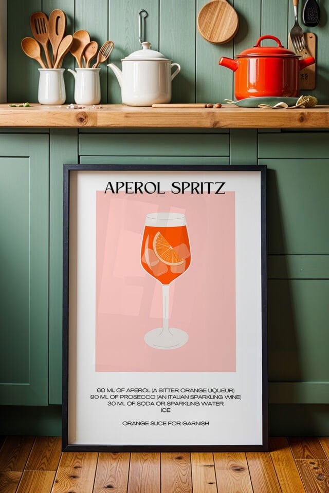 SİYAH - Aperol Spritz Minimalist Kokteyl Mutfak Ahşap Çerçeveli Duvar Tablosu