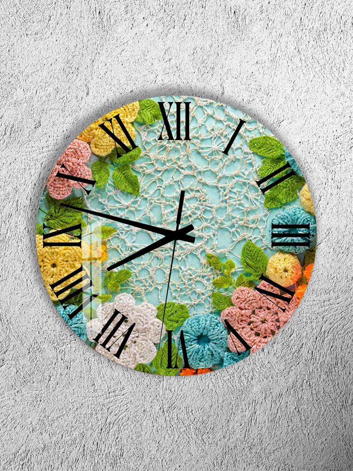 KIRILMAZ CAM DUVAR SAATİ, HEM TABLO HEM SAAT EL ÖRGÜ ÇİÇEK BOHO TASARIM EV OFİS HEDİYESİ