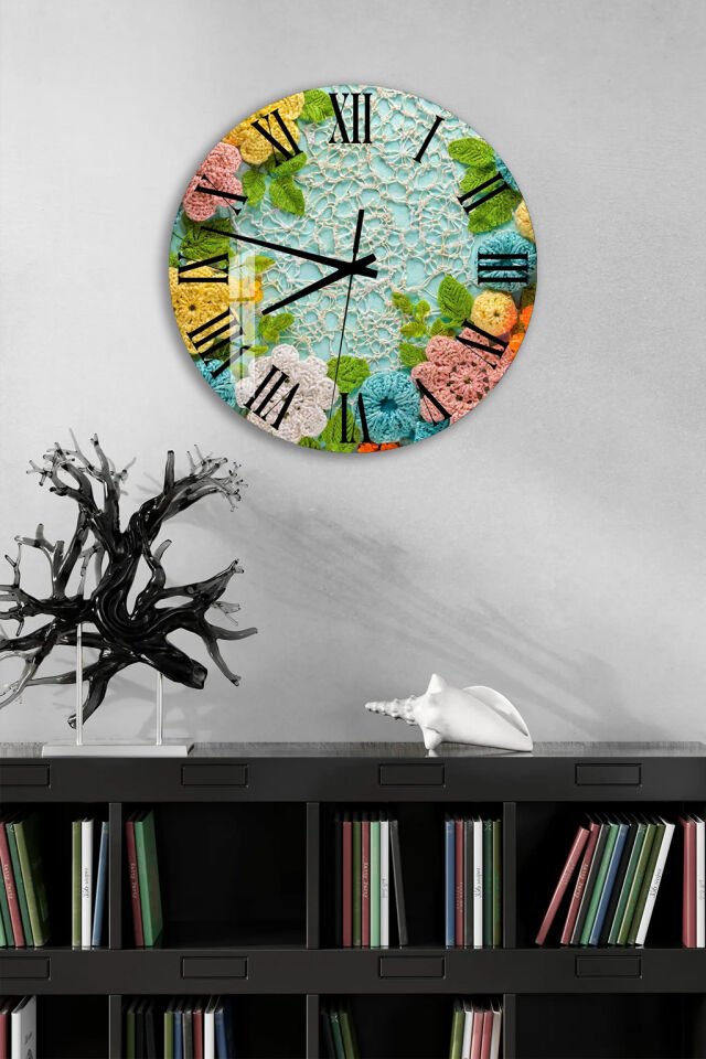KIRILMAZ CAM DUVAR SAATİ, HEM TABLO HEM SAAT EL ÖRGÜ ÇİÇEK BOHO TASARIM EV OFİS HEDİYESİ