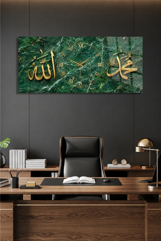 KIRILMAZ CAM DUVAR SAATİ, HEM TABLO HEM SAAT ALLAH MUHAMMED YAZILI YEŞİL MERMER DİNİ TASARIM EV OFİS HEDİYESİ