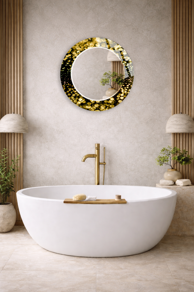HEM TABLO HEM AYNA ALTIN PARLAK DOKU DESENLİ DEKORATİF CAM DUVAR AYNASI BANYO VE EV DEKORU