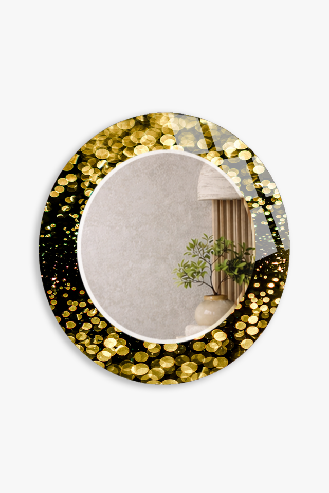 HEM TABLO HEM AYNA ALTIN PARLAK DOKU DESENLİ DEKORATİF CAM DUVAR AYNASI BANYO VE EV DEKORU