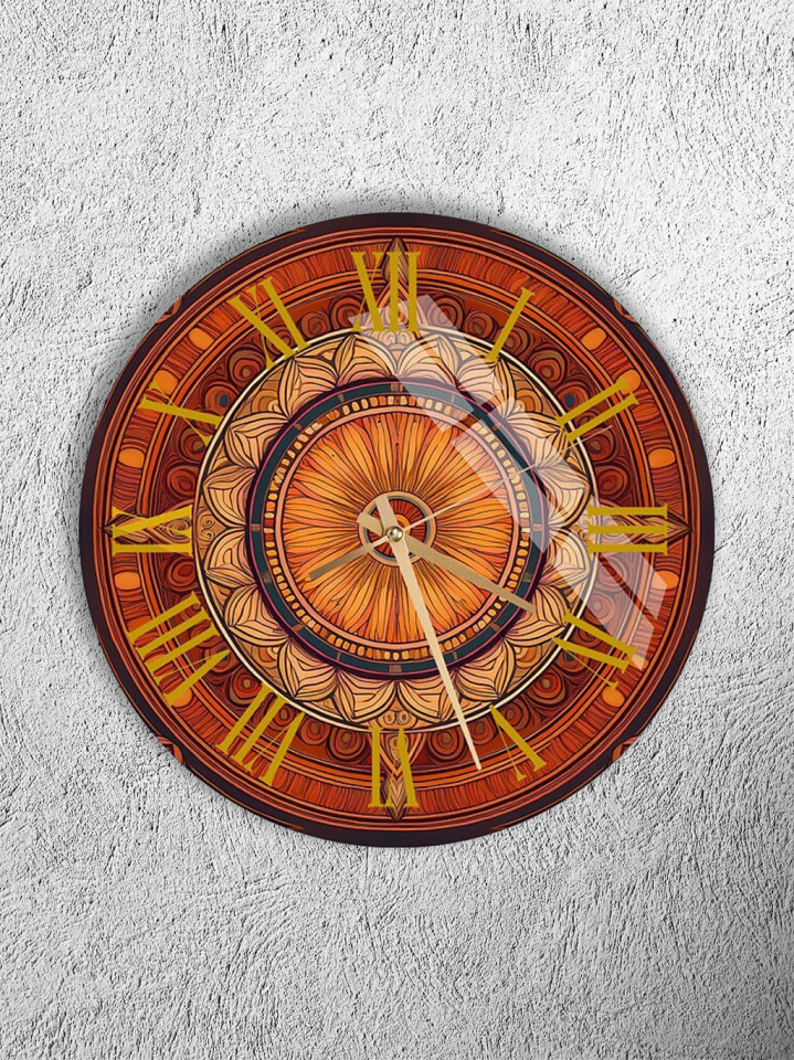 KIRILMAZ CAM DUVAR SAATİ, HEM TABLO HEM SAAT TURUNCU ETNİK MANDALA DESEN EV OFİS HEDİYESİ