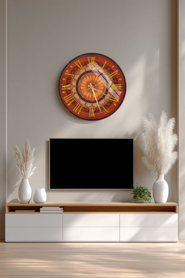 KIRILMAZ CAM DUVAR SAATİ, HEM TABLO HEM SAAT TURUNCU ETNİK MANDALA DESEN EV OFİS HEDİYESİ