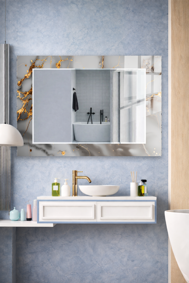 HEM TABLO HEM AYNA BEYAZ MERMER ALTIN VARAK DESEN CAM DUVAR AYNASI EV DEKORU