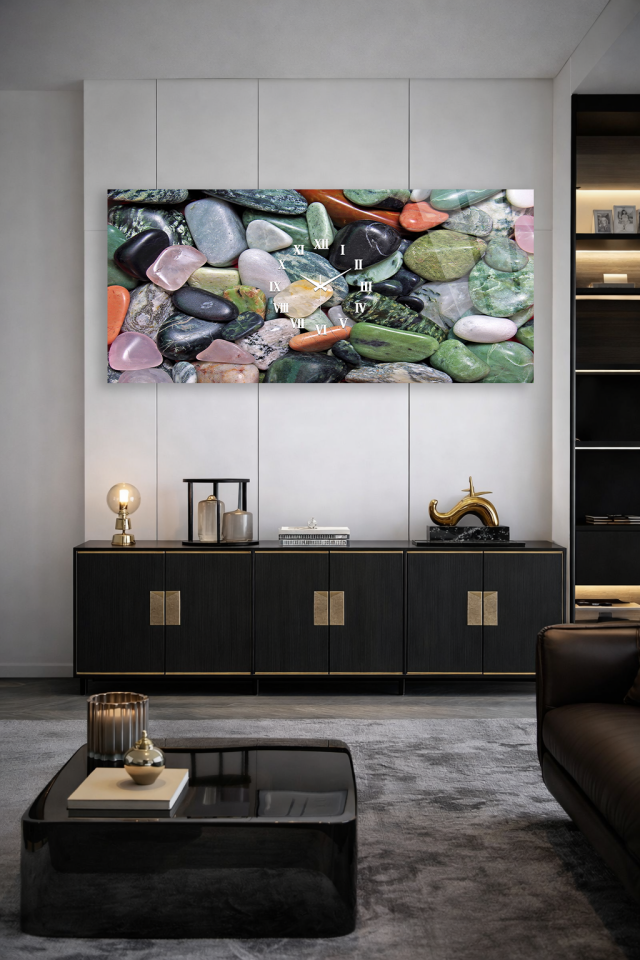 KIRILMAZ CAM DUVAR SAATİ , HEM TABLO HEM SAAT DOĞAL TAŞ DOKULU ZEN TARZI TASARIM EV OFİS HEDİYESİ