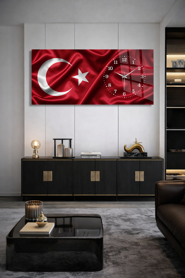 KIRILMAZ CAM DUVAR SAATİ, HEM TABLO HEM SAAT TÜRK BAYRAĞI AY YILDIZ KIRMIZI DEKORATİF EV OFİS HEDİYESİ