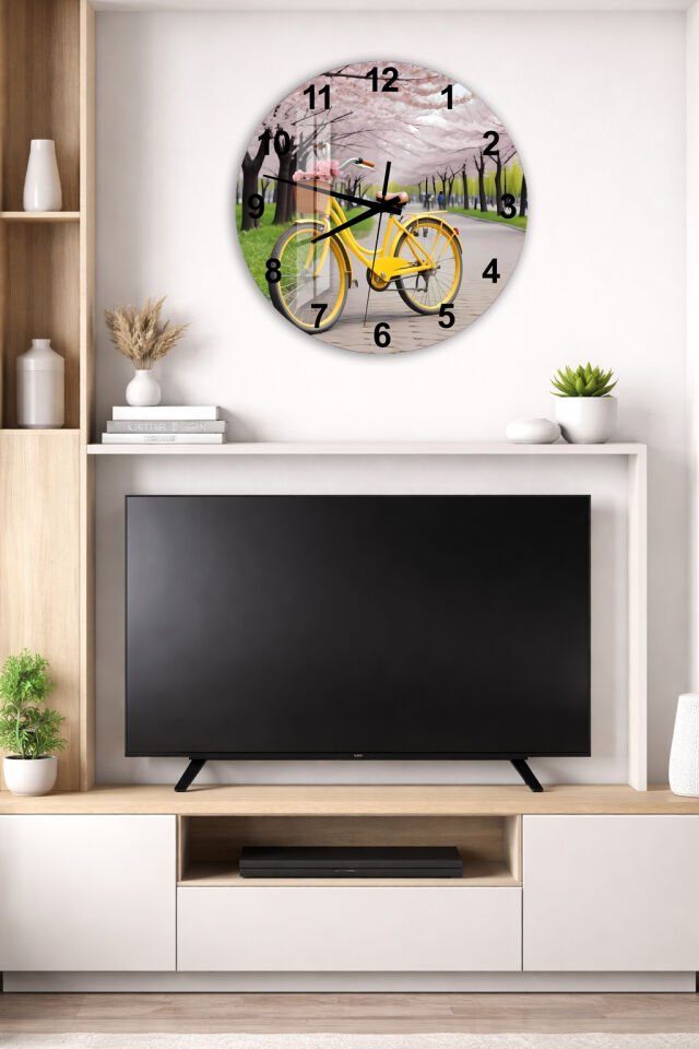 KIRILMAZ CAM DUVAR SAATİ, HEM TABLO HEM SAAT SAKURA AĞAÇLI SARI BİSİKLET MANZARA EV OFİS HEDİYESİ