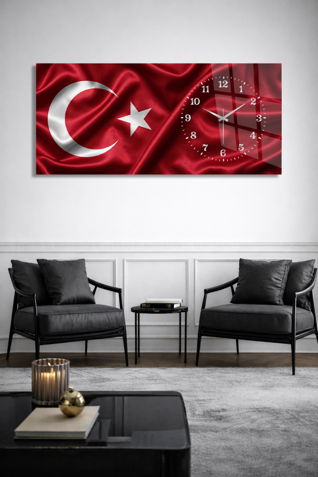 KIRILMAZ CAM DUVAR SAATİ, HEM TABLO HEM SAAT TÜRK BAYRAĞI AY YILDIZ KIRMIZI DEKORATİF EV OFİS HEDİYESİ