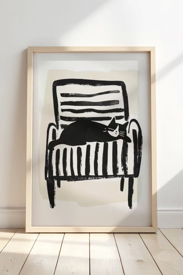 DOĞAL AHŞAP - Soyut Kedi Sanatı Ahşap Çerçeveli Duvar Kedi Tablosu