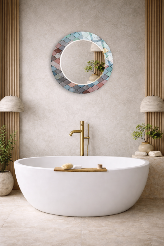 HEM TABLO HEM AYNA PASTEL SERAMİK KARO DESENLİ DEKORATİF CAM DUVAR AYNASI BANYO VE EV DEKORU