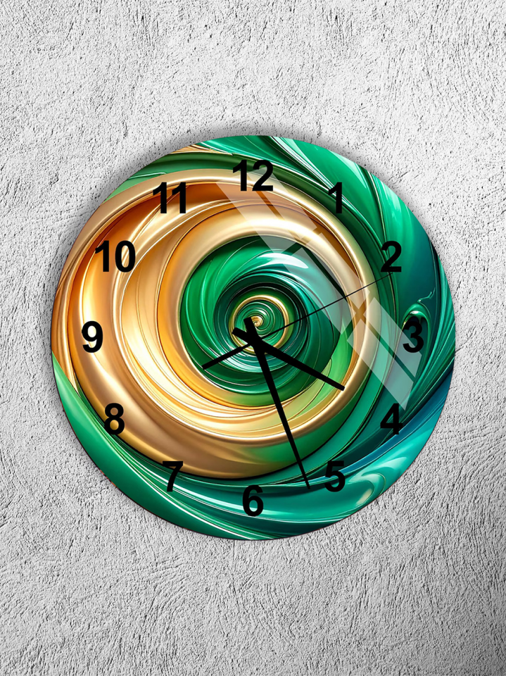 KIRILMAZ CAM DUVAR SAATİ, HEM TABLO HEM SAAT YEŞİL ALTIN SPİRAL SOYUT MODERN EV OFİS HEDİYESİ