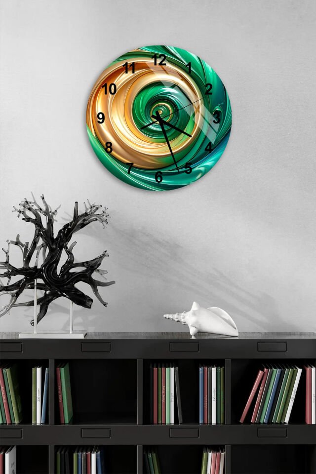 KIRILMAZ CAM DUVAR SAATİ, HEM TABLO HEM SAAT YEŞİL ALTIN SPİRAL SOYUT MODERN EV OFİS HEDİYESİ