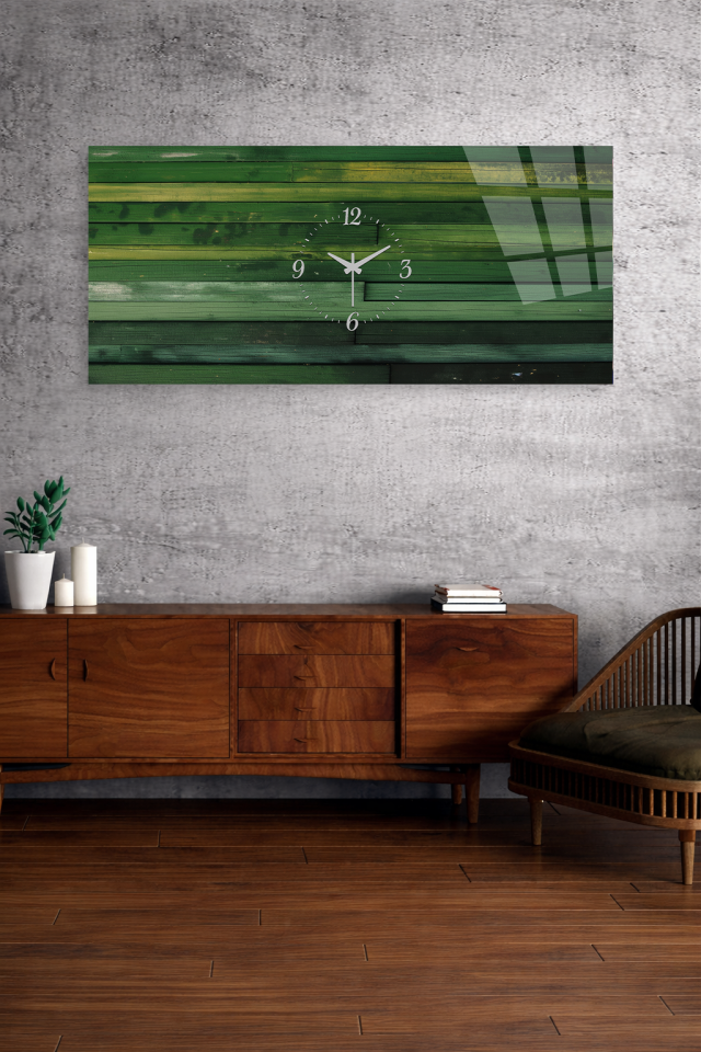 KIRILMAZ CAM DUVAR SAATİ , HEM TABLO HEM SAAT YEŞİL AHŞAP DOKU DOĞAL DEKOR TASARIM EV OFİS HEDİYESİ