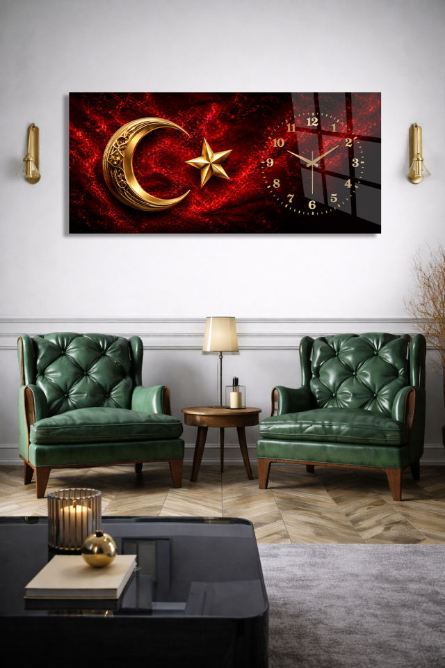 KIRILMAZ CAM DUVAR SAATİ, HEM TABLO HEM SAAT GOLD AY YILDIZ KIRMIZI SİYAH ŞIK TASARIM EV OFİS HEDİYESİ