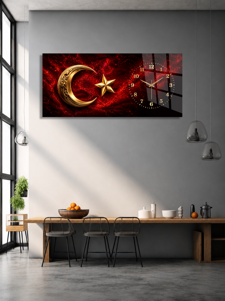 KIRILMAZ CAM DUVAR SAATİ, HEM TABLO HEM SAAT GOLD AY YILDIZ KIRMIZI SİYAH ŞIK TASARIM EV OFİS HEDİYESİ