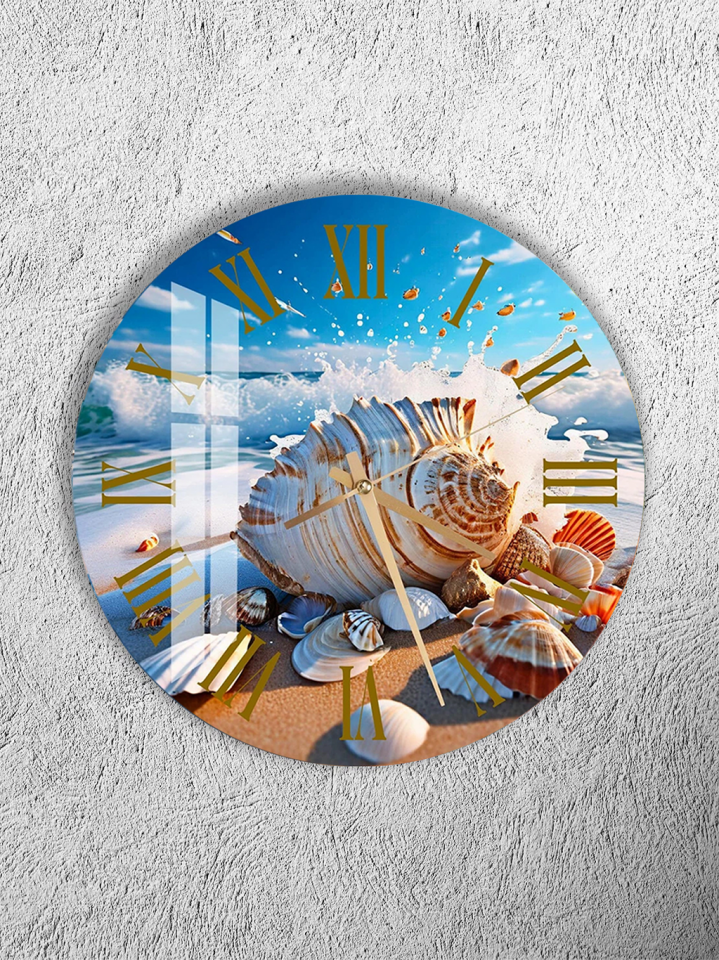 KIRILMAZ CAM DUVAR SAATİ, HEM TABLO HEM SAAT DENİZ KABUĞU DALGA SAHİL MANZARASI EV OFİS HEDİYESİ