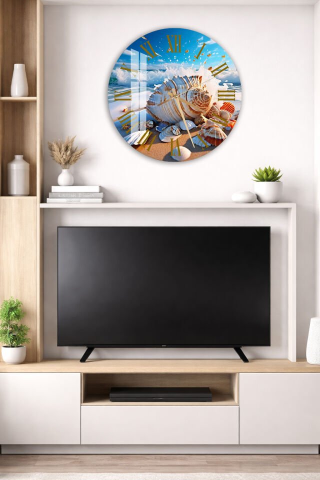 KIRILMAZ CAM DUVAR SAATİ, HEM TABLO HEM SAAT DENİZ KABUĞU DALGA SAHİL MANZARASI EV OFİS HEDİYESİ
