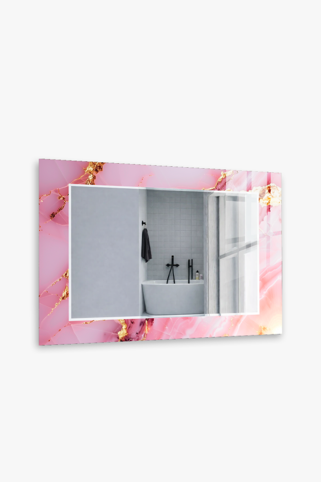 HEM TABLO HEM AYNA PEMBE MERMER ALTIN DAMARLI CAM DUVAR AYNASI EV DEKORU