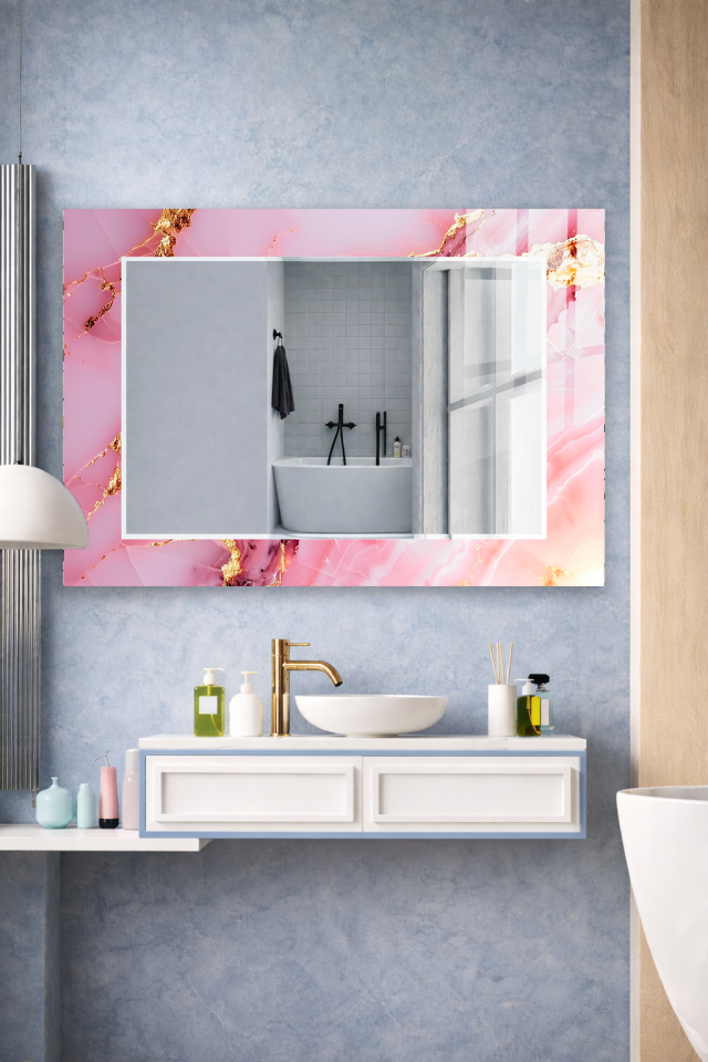 HEM TABLO HEM AYNA PEMBE MERMER ALTIN DAMARLI CAM DUVAR AYNASI EV DEKORU