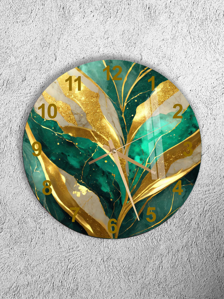 KIRILMAZ CAM DUVAR SAATİ, YEŞİL MERMER ALTIN DAMAR DESENLİ, HEM TABLO HEM SAAT EV OFİS HEDİYESİ