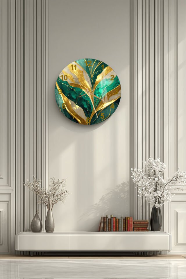 KIRILMAZ CAM DUVAR SAATİ, YEŞİL MERMER ALTIN DAMAR DESENLİ, HEM TABLO HEM SAAT EV OFİS HEDİYESİ