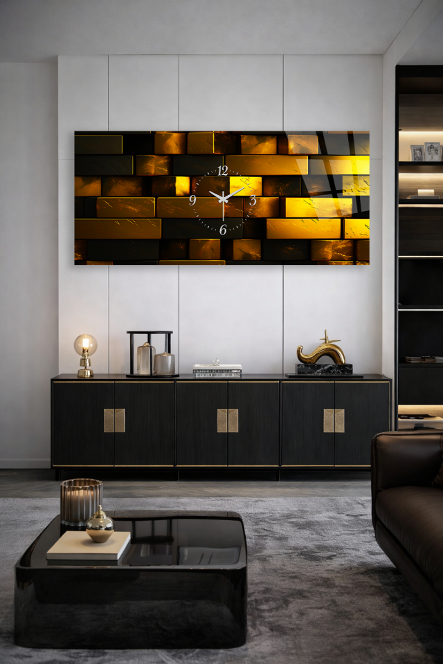 KIRILMAZ CAM DUVAR SAATİ , HEM TABLO HEM SAAT ALTIN TUĞLA DESENLİ MODERN TASARIM EV OFİS HEDİYESİ