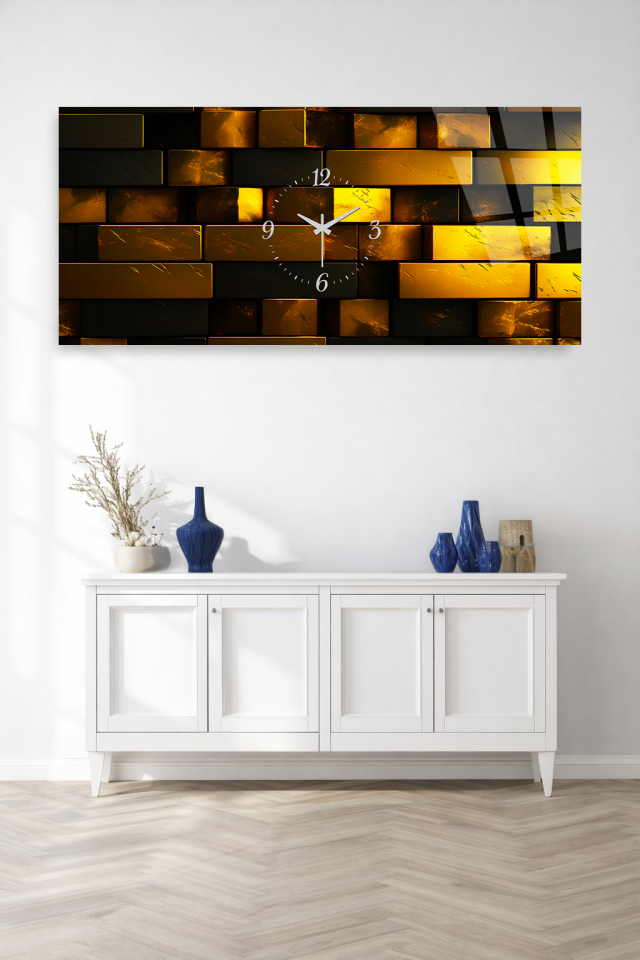 KIRILMAZ CAM DUVAR SAATİ , HEM TABLO HEM SAAT ALTIN TUĞLA DESENLİ MODERN TASARIM EV OFİS HEDİYESİ