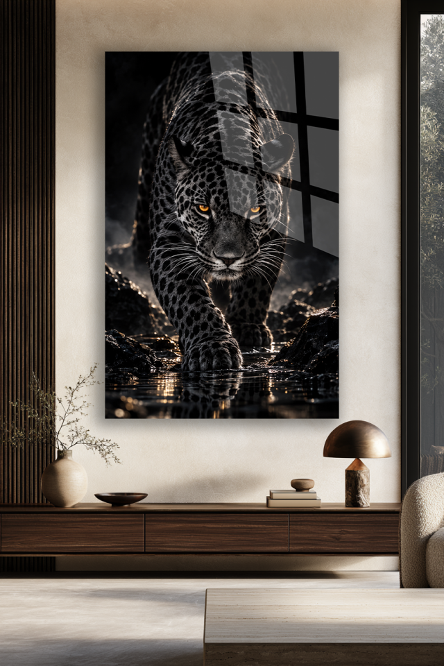 SİYAH BEYAZ LEOPAR FİGÜRLÜ DRAMATİK CAM TABLO EV OFİS HEDİYESİ