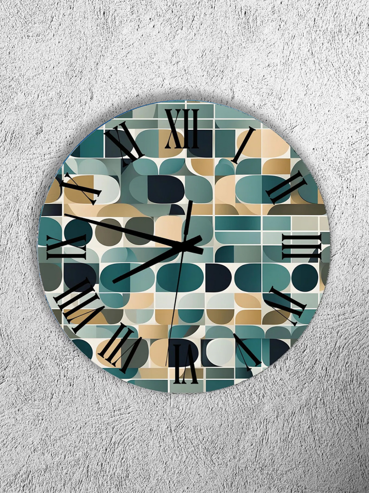 KIRILMAZ CAM DUVAR SAATİ, HEM TABLO HEM SAAT RETRO GEOMETRİK DESEN MODERN TASARIM EV OFİS HEDİYESİ