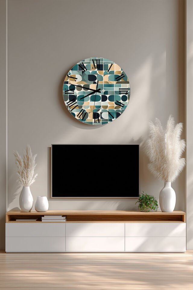 KIRILMAZ CAM DUVAR SAATİ, HEM TABLO HEM SAAT RETRO GEOMETRİK DESEN MODERN TASARIM EV OFİS HEDİYESİ