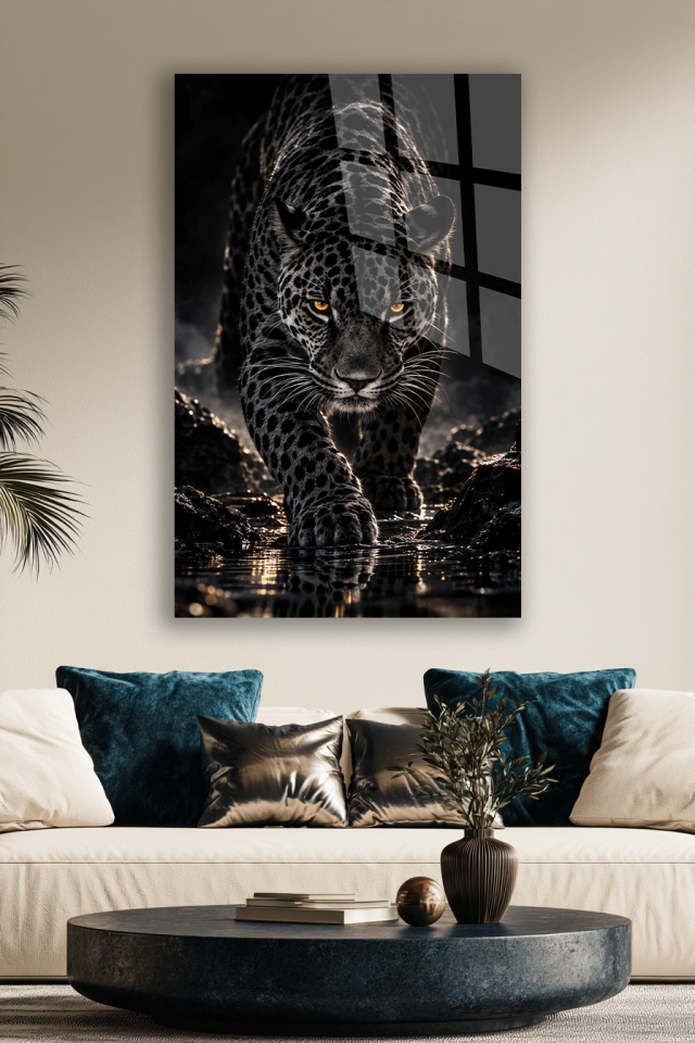 SİYAH BEYAZ LEOPAR FİGÜRLÜ DRAMATİK CAM TABLO EV OFİS HEDİYESİ