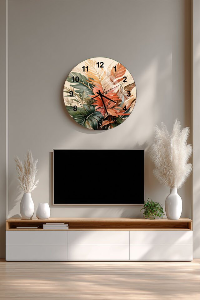 KIRILMAZ CAM DUVAR SAATİ, DOĞAL YAPRAK VE BOTANİK DESENLİ, HEM TABLO HEM SAAT EV OFİS HEDİYESİ