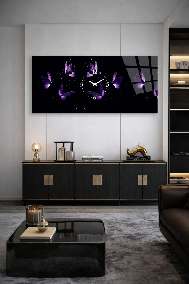 KIRILMAZ CAM DUVAR SAATİ , HEM TABLO HEM SAAT MOR KELEBEK TEMALI DEKORATİF TASARIM EV OFİS HEDİYESİ