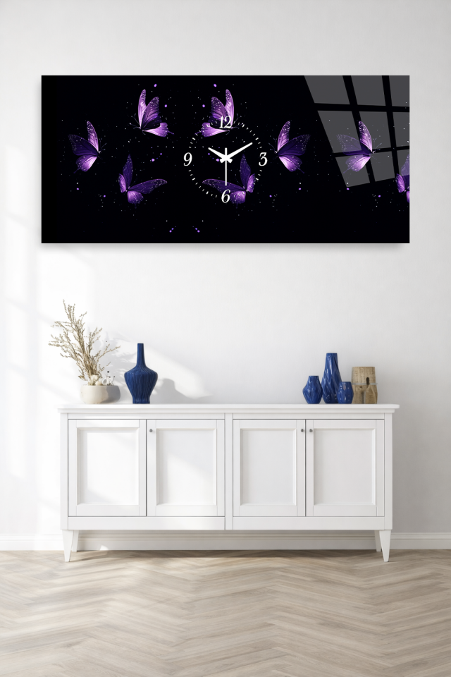 KIRILMAZ CAM DUVAR SAATİ , HEM TABLO HEM SAAT MOR KELEBEK TEMALI DEKORATİF TASARIM EV OFİS HEDİYESİ