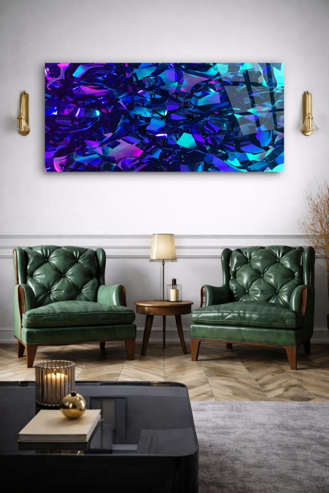 KIRILMAZ CAM DUVAR SAATİ , HEM TABLO HEM SAAT MOR MAVİ KRİSTAL SOYUT TASARIM EV OFİS HEDİYESİ